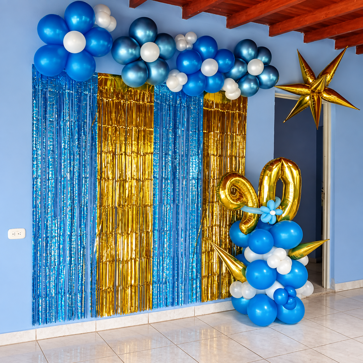 Blue, white, and gold decor for a 90th birthday
